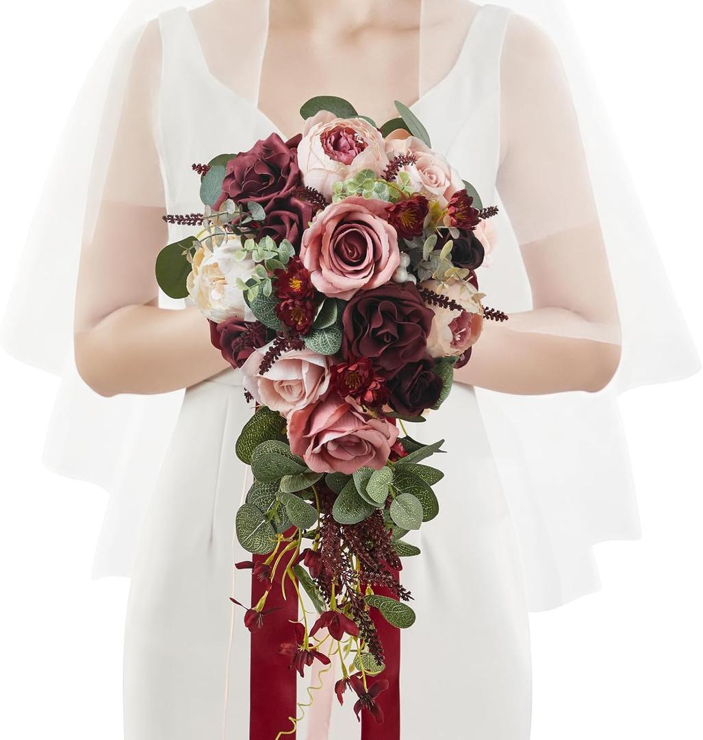 Serwalin 10 Inch Wedding Bouquets for Bride Bridesmaid, Burgundy Pink Bridal Bouquets for Bride, Artificial Bouquets of Flowers for Wedding Ceremony Bridal Shower and Anniversary Day Decor (Red)