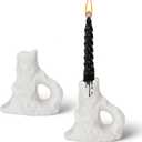 Set of 2 White Ceramic Taper Candle Holders - Modern Minimalist Sculptural Hand-Finished Candlesticks | Elegant Aesthetic Decor for Dining Table, Mantel, Home| RUXRQPJ