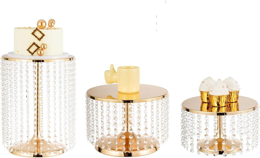 Gold Cake Stand Set of 3, Metal Mirror Cake Stand Cake Pedestal With Crystal Pendants and Beads, Cupcake Candy Birthday Party Wedding Party Dessert Display Stands