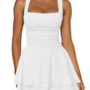 Kaximil Women's Square Neck Ruffle Hem Mini Dress Ruched Waist Short Party Dresses, Small, White