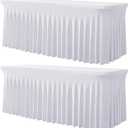 2 Pack White Spandex Tablecloths for 4 ft Rectangle Tables, Stretch Table Cloths 4 Foot Fitted Table Cover with Skirt for Parties Weddings Birthday Banquet Baby Shower