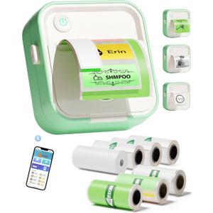 Label Maker Machine, HD Mini Sticker Printer with 7 Rolls Paper, Portable Thermal Print Pod Supports 12-57mm Papers, Bluetooth Pocket Printer for Home, Kitchen, School (Green)