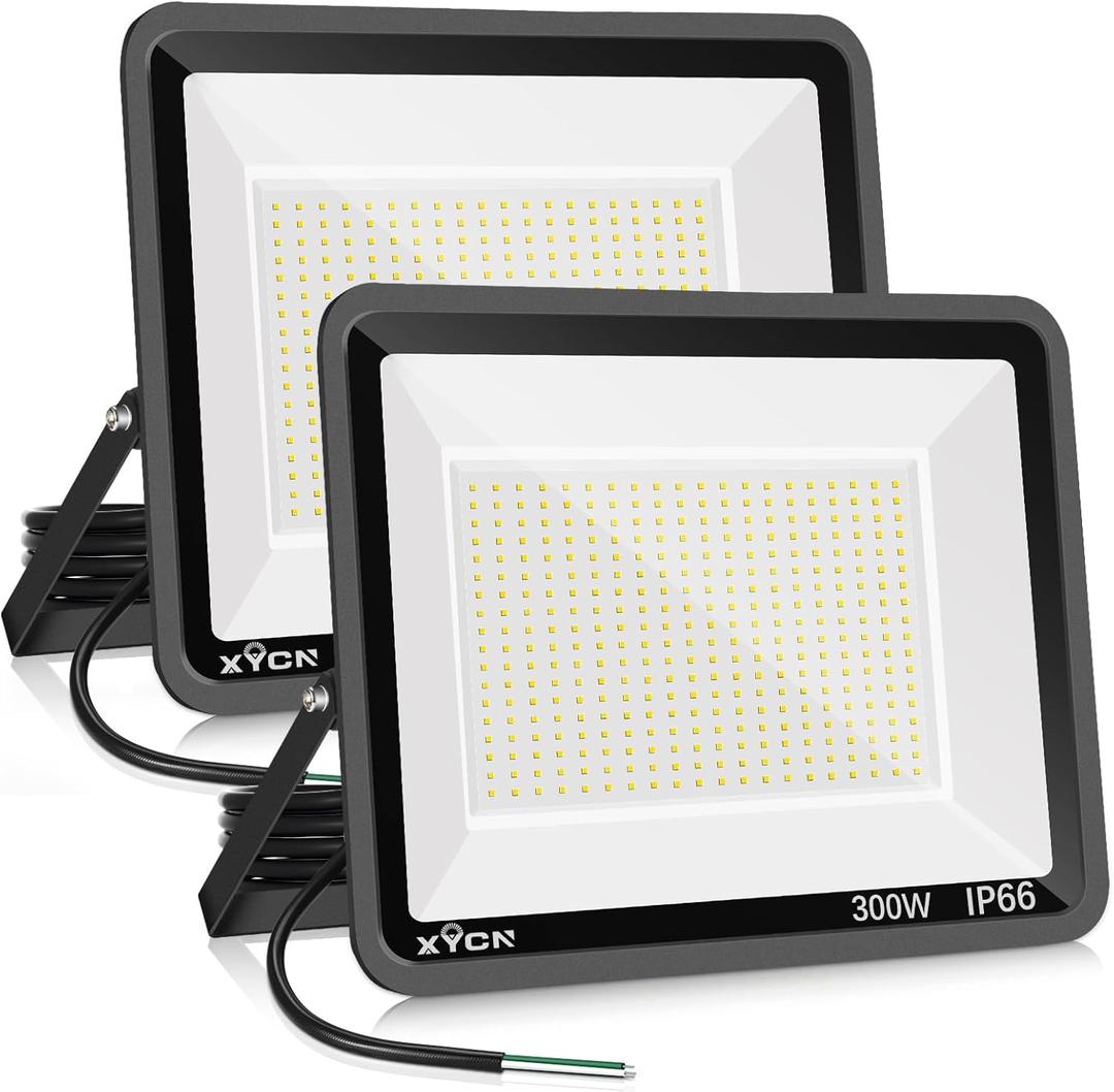 2 Pack 300W Warm White LED Flood Light,No Plug,3000K 42500LM Outside Flood Light,Super Bright Outdoor Security Lights, IP66 Waterproof Floodlight for Yard,Playground,Garage, Garden, Lawn