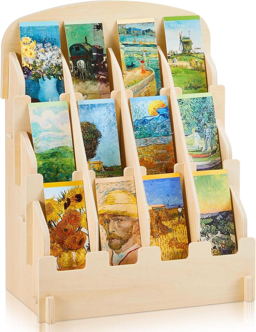 Bookmark Display for 2.2'' Bookmark, Portable Sticker Holder, Adjustable Stand, Curved Pockets Greeting Card Display for Business Vendor, Retail Store Shop(12 Pockets,Wood)