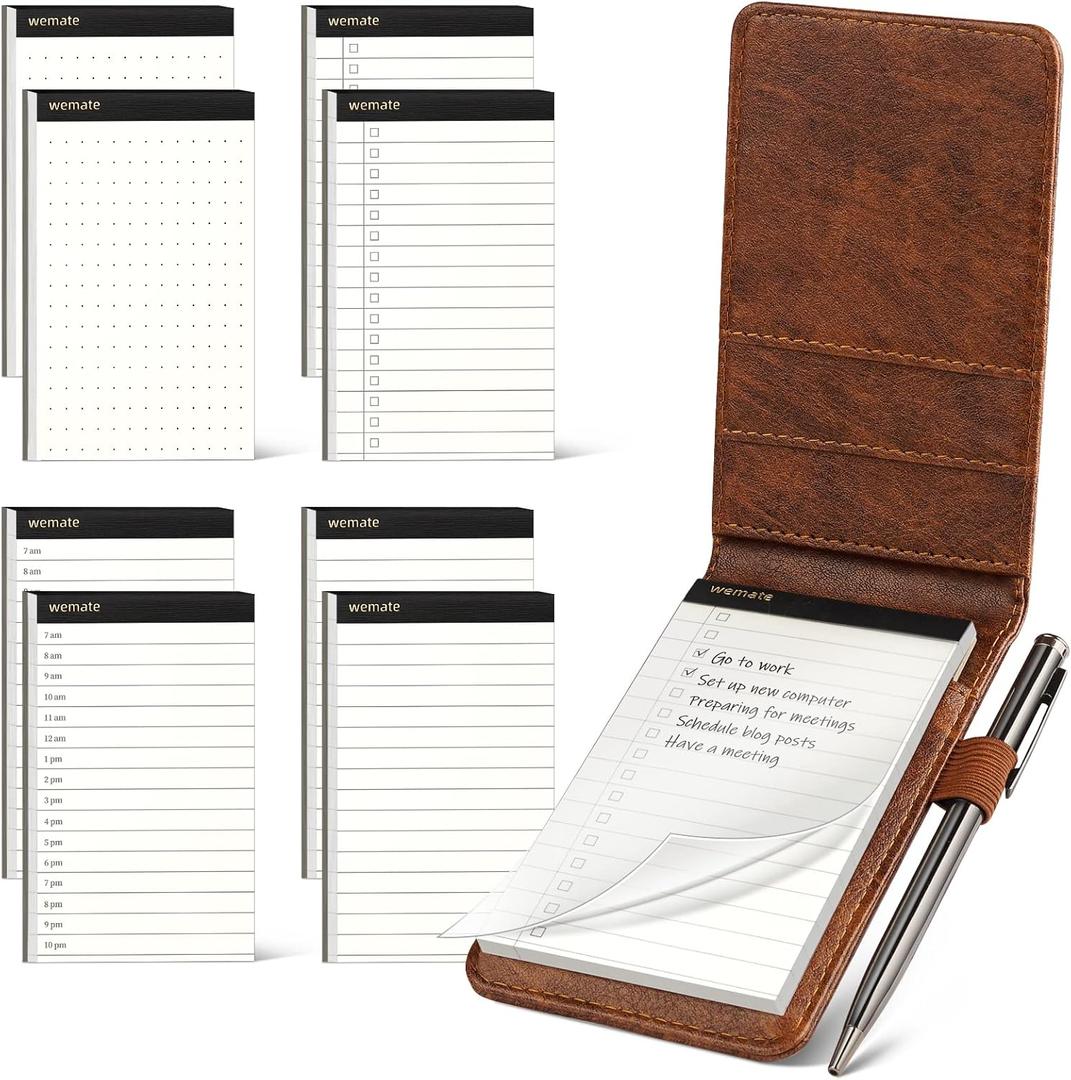 WEMATE 10 Pieces Notepad Holder Set Pocket Notebook - Included Mini Pocket Notepad Holder Set with 8 Memo Book Refills and Metal Pen for Meetings, Daily Records, and Notes 3 x 5 Inch (Brown)