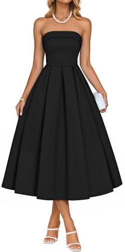 ZESICA Women's Summer Strapless Cocktail Dresses 2026 Elegant Off Shoulder Flowy A Line Wedding Guest Party Midi Dress Size M