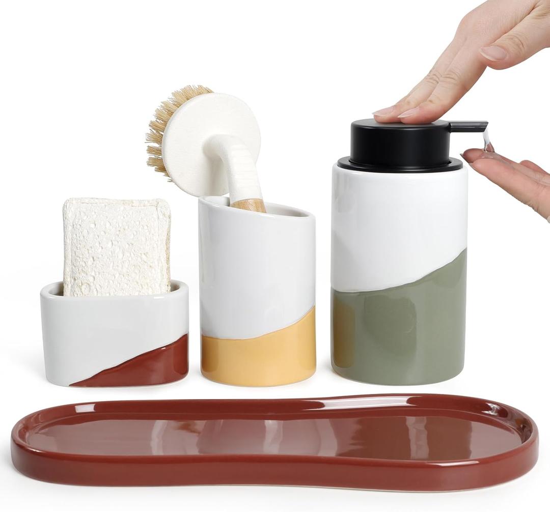 BosilunLife Kitchen Sink Caddy Set 4-Piece Ceramic Soap Dispenser 12oz with Sponge & Utensil Holders on Drip Tray for Kitchen & Bathroom Countertop Organization (Liquid Pump)