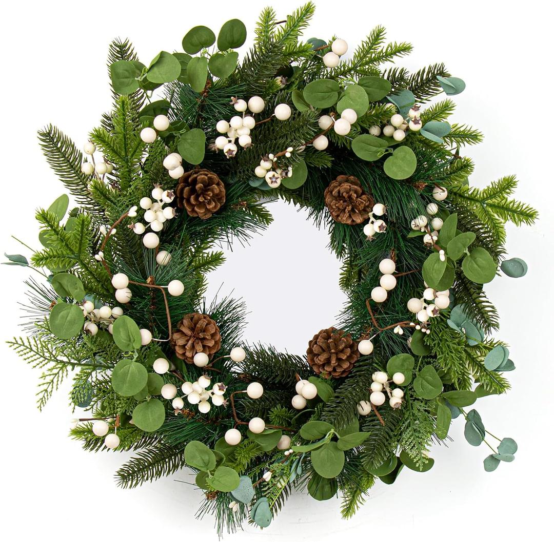 20 Inches Vintage Christmas Wreath Classic Winter Wreaths for Front Door Rustic Holiday Winter Wreath with White Berry Pine Cones for Doors Windows Indoors Outside Hanging Decoration (Dark Green White)