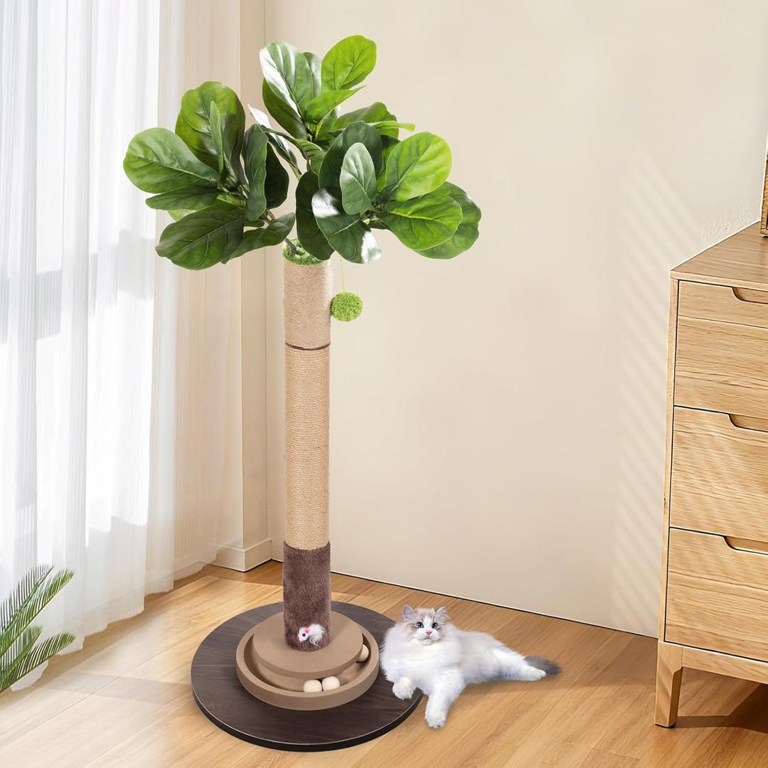 Cat Scratching Post, 35 Inch Tall Cat Scratcher Cat Tree Tower with Hanging Ball for Indoor Cats Adults,Fiddle Leaf Fig Sisal Rope Kitten Scratch with Interactive Mouse Cat Toy