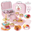 Tea Party Set for Little Girls, 49PCS Princess Tea Time Toys Including Tea Set Dessert Carrying Case, Kids Kitchen Pretend Playset, Tea Set for Girls Birthday Toddler Age 3-8, Pink