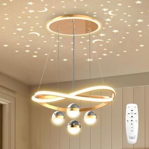 Modern Gold LED Chandeliers, Dimmable Pendant Light Dining Room Light Fixtures Over Table with Remote Control Adjustable Modern Chandeliers with Star Projector for Kitchen Island Living Room Bedroom