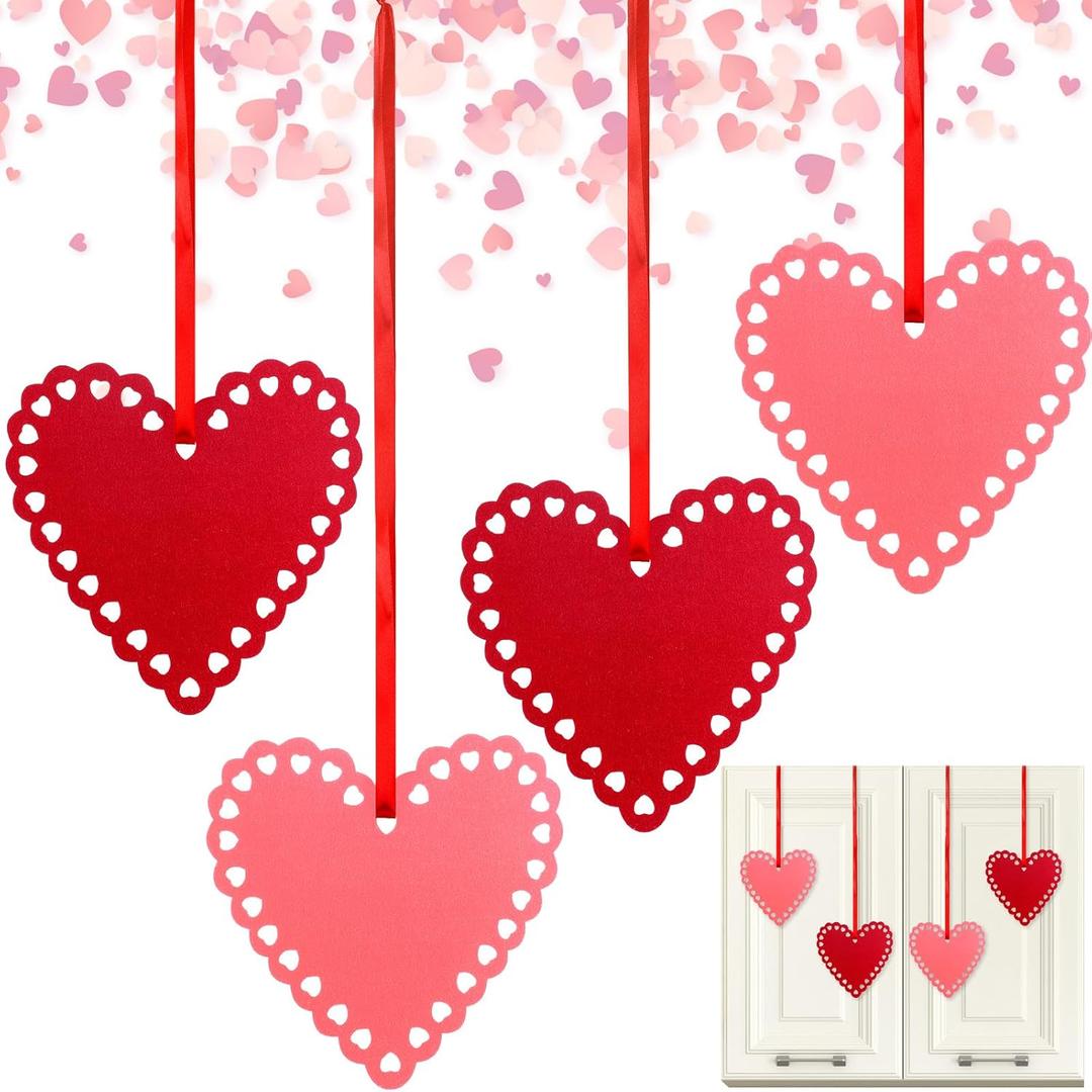 Syhood 4 Pcs Valentines Felt Heart Ornaments for Cabinet 8.3 Inch Cabinet Heart Decor Valentines Day Felt Hanging Big Pink Red Decorations for Kitchen Door Porch Wall Window Mantel (Red,Pink)