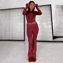 kaimimei Women's 2 Piece Lounge Outfits Slim Long Sleeve Tops High Waist Foldover Flare Leggings Sets Casual Yoga Sweatsuit (Red)