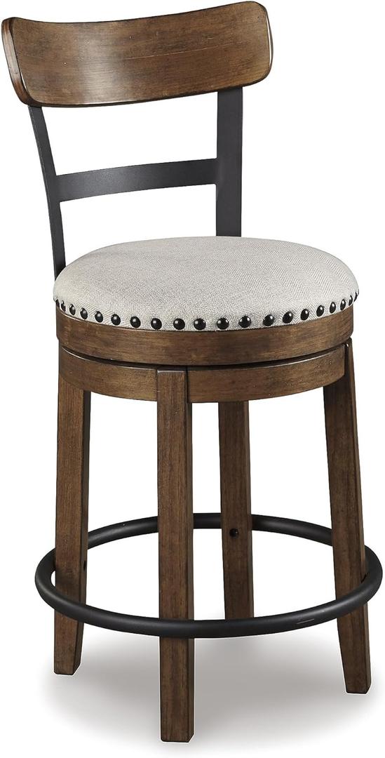 Signature Design by Ashley Valebeck Swivel Barstool With Back, Rustic-Industrial Wood and Metal, 360-Degree Swivel Counter Height Stool for Kitchen Island Seating, Linen Color (Dark Brown)