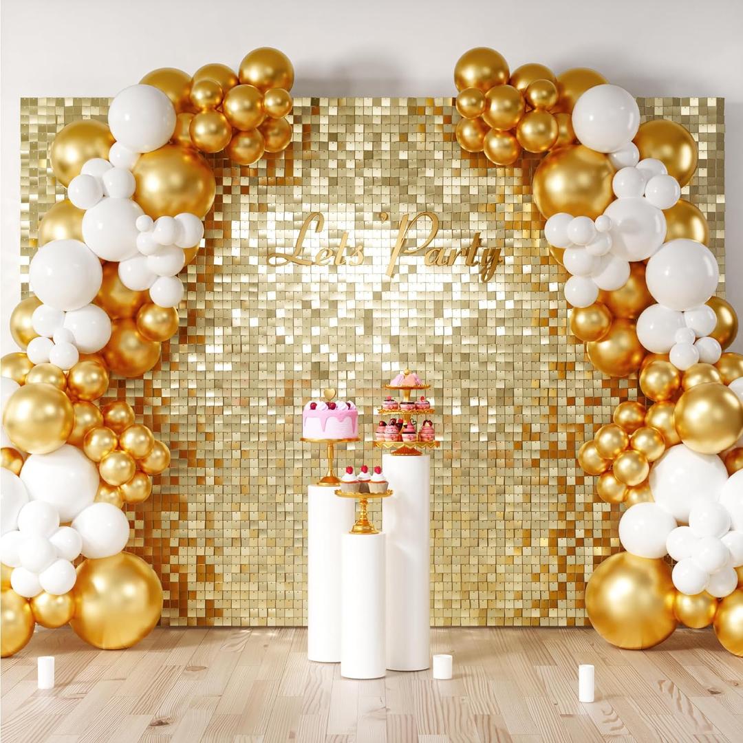 COKAOBE Light Gold Shimmer Wall Backdrop, 48PCS Square Sequin Shimmer Backdrop Panel, Photo Backdrops for Birthday, Anniversary, Wedding, Graduation & Bachelorette Party Decoration