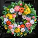 Pinkpuii Spring Wreaths for Front Door 24 Inch Vibrant Spring Summer Wreath with Peonies,Roses,Marigolds,Blueberries & Realistic Fruit Accents (Peach, Lemon)- Ideal for Porch,Entryway,Wall,Window