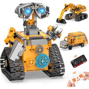 Robot Building Kit Toys for Boys Age 8-12 with 700 Pcs, 3 in 1 Robotics Excavator Garbage Truck with App & Remote Control, Coding Robot Building Set, Birthday Gifts for 8-14 Years Old Boys (Yellow)