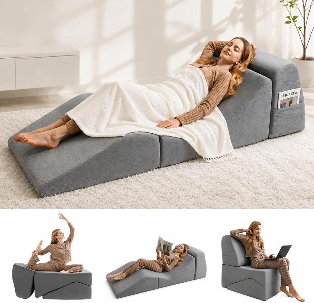 Yoga Chaise Lounge Chair Indoor, 3-in-1 Convertible Boneless Couch Bed | Corduroy Floor Sofa with Memory Foam, Zero Gravity Curved Design, No Assembly Required, for Bedroom, Living Room, Reading S