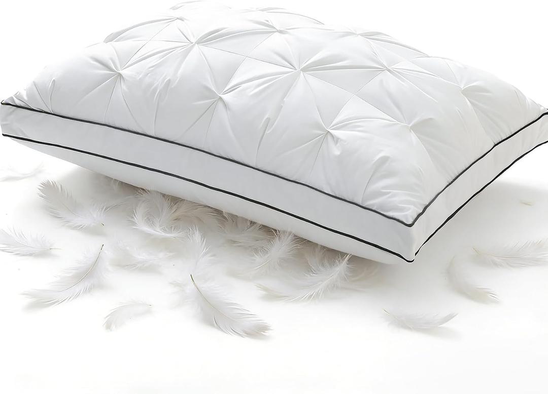 Premium Hybrid Goose Feather Down Pillows Queen Size with 100% Organic Cotton Cover, Hotel Collection Bed Pillows for Sleeping, White Fluffy Soft Gusseted Pillows (18"x28"+2"Gusset, Pack of 1)