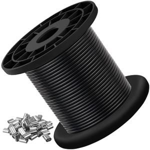 304 Stainless Steel Wire Rope Cable 3/32, Black Vinyl Coated - Outdoor Light Guide Wire for String Lights, Clotheslines - 1/16 Inch Overmolded to 3/32 Inch, 100ft