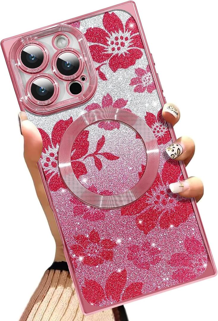 AIGOMARA Phone Case for iPhone 16 Pro Max [Compatible with MagSafe] Flowers Floral Design Glitter Bling Case Shockproof Scratch-Resistant Soft TPU Cover for Women - Pink