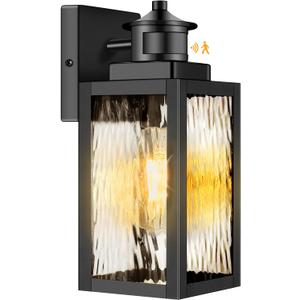 Brightever Motion Sensor Outdoor Lights Fixture, Dusk to Dawn Exterior Porch Light Wall Mount with Water-Rippled Glass, Black Modern Outside Wall Sconce Lanterns for House, Garage, Bulbs Not Included (11.6 Inch)