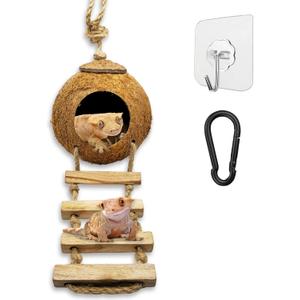 Leopard & Crested Gecko Coconut Cave Reptile Hide with Ladder, Snake Natural Coco Shell Hut Hideout, Terrarium Tank Decor Accessories, Hamster Climbing Toy, with Sticky Wall & Carabiner Hook