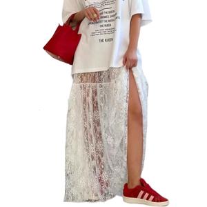 Perbai Women's Sexy Sheer Lace Skirt High Waisted Floral Embroidered Ruffled A Line Long Maxi Beach Skirts(White-S)