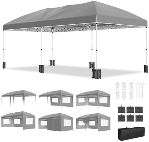 PeakPursuit 10 ft x20 ft Party Tent Heavy Duty Pop Up Canopy Commercial Canopy Wedding Tent Event Shelter with 6 Removable Sidewalls and Storage Bag for Patio Backyard Outdoor, Gray