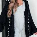 Womens 2024 Hooded Cardigan Sweaters Chunky Knit Stitch Edged Batwing Sleeve Fall Winter Loose Outerwear Coats Black (Black, L)