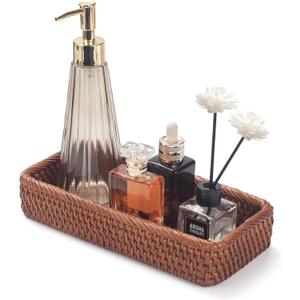 Rattan Bathroom Vanity Trays Toilet Tank Baskets Long Narrow Hand Towel Storage Basket for Storage, Decorative (Honey Brown 10.2 x 4.9 x 1.6 inch)