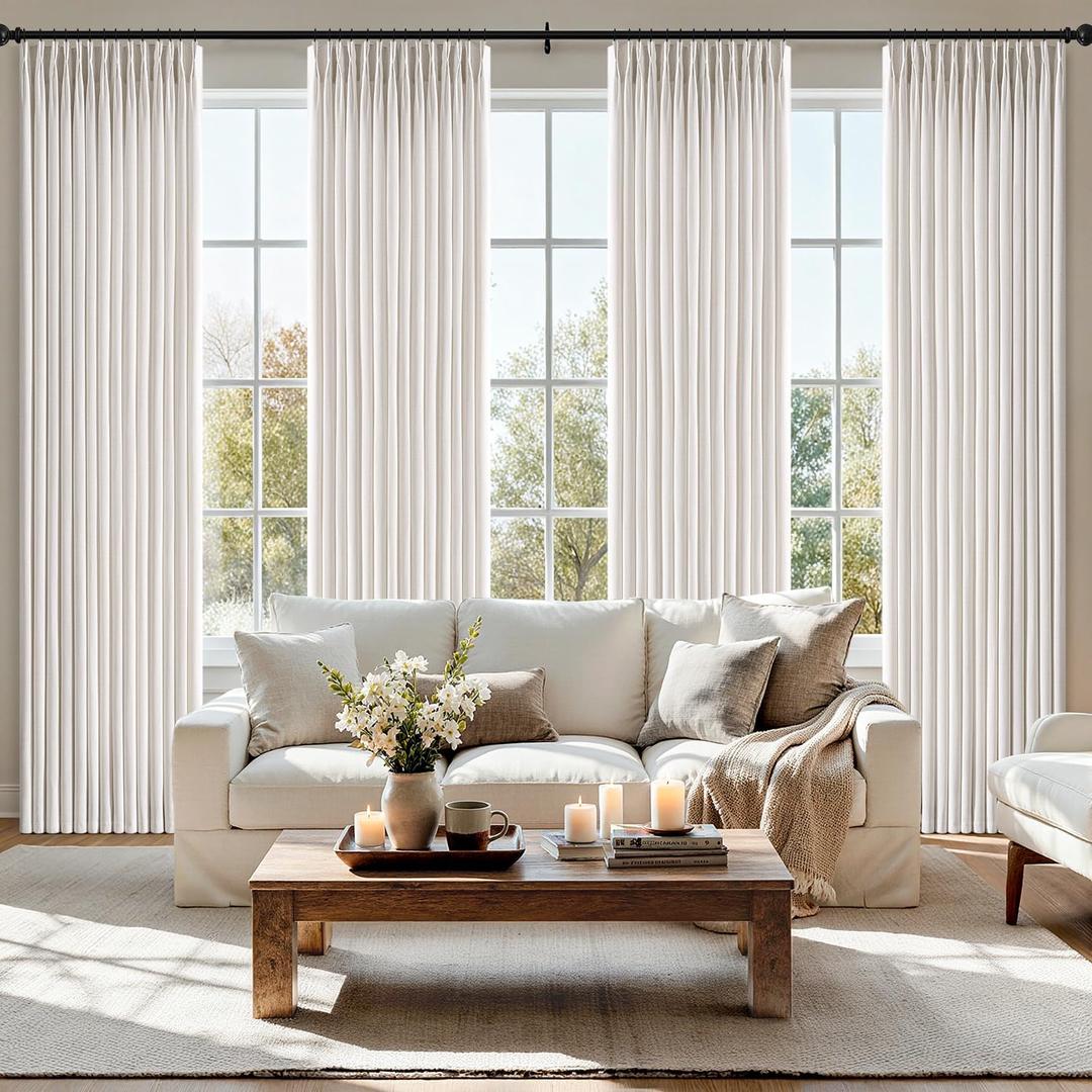 MIULEE Pinch Pleated Thick Linen Curtains 90 Inch 4 Panels Set Back Tab Memory Trained Pinch Pleat Semi Sheer Light Filtering Curtains Let Light in Window Drapes for Living Room Bedroom Beige White, 40"W x 90"L