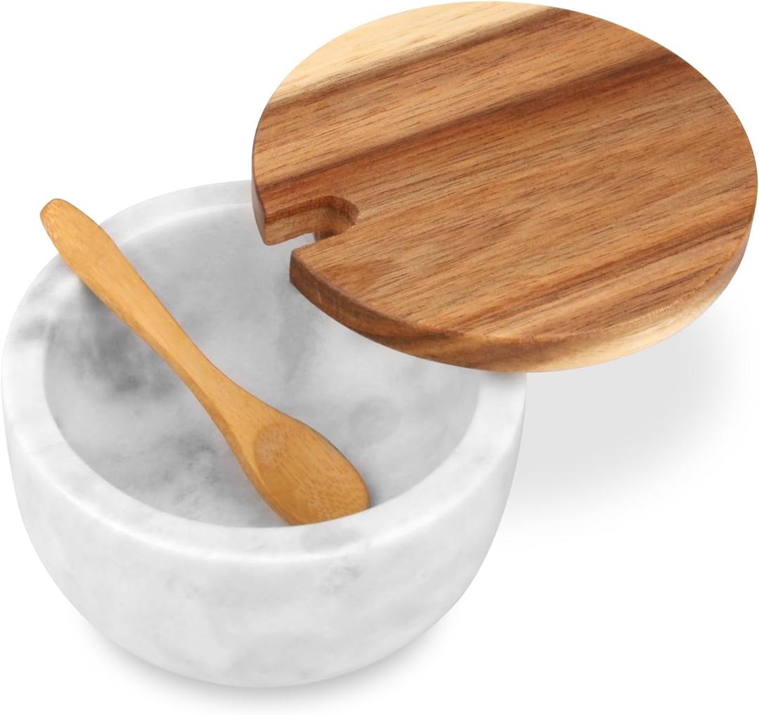 Marble Salt Cellar Box with Wood Lid & Spoon, Modern White Stone Salt or Pepper Sugar Spice Seasoning Bowl Container Jar Holder Well Keeper Dish Pig Crock for Kitchen (White Bowl)