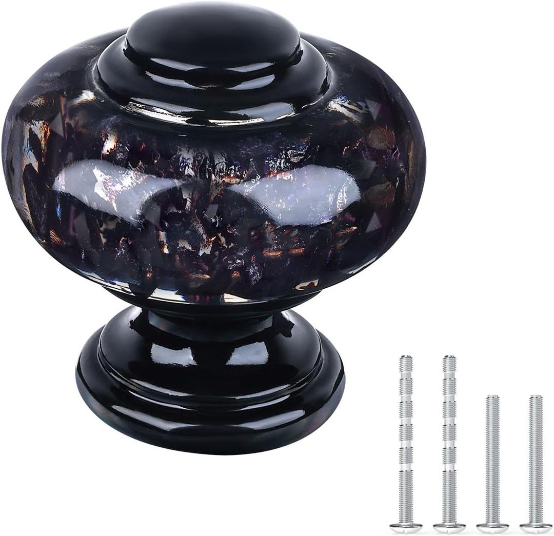 6 Pack Black Cabinet Knobs, 1-3/8 Inch(36mm) Decorative Crystal Dresser Drawer Knobs, Vintage Round Black Knobs and Pulls with Two Different Sizes Screws for Easy Installation