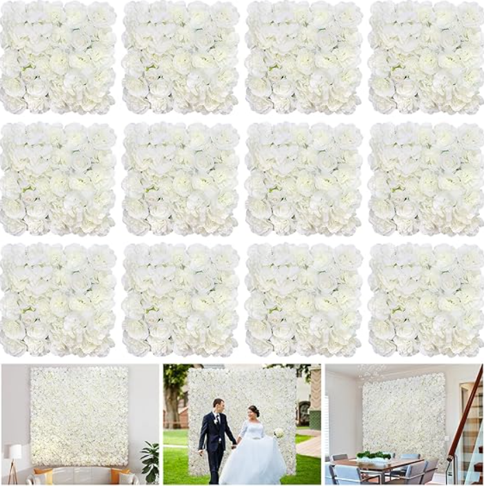Flower Wall Backdrop 12 Piece of 16.5x16.5 Inch Floral Wall Panel Artificial Silk Rose Wall Decor Ideal for Wedding Celebrations, Festive Party Backdrops, and Home Decor- White