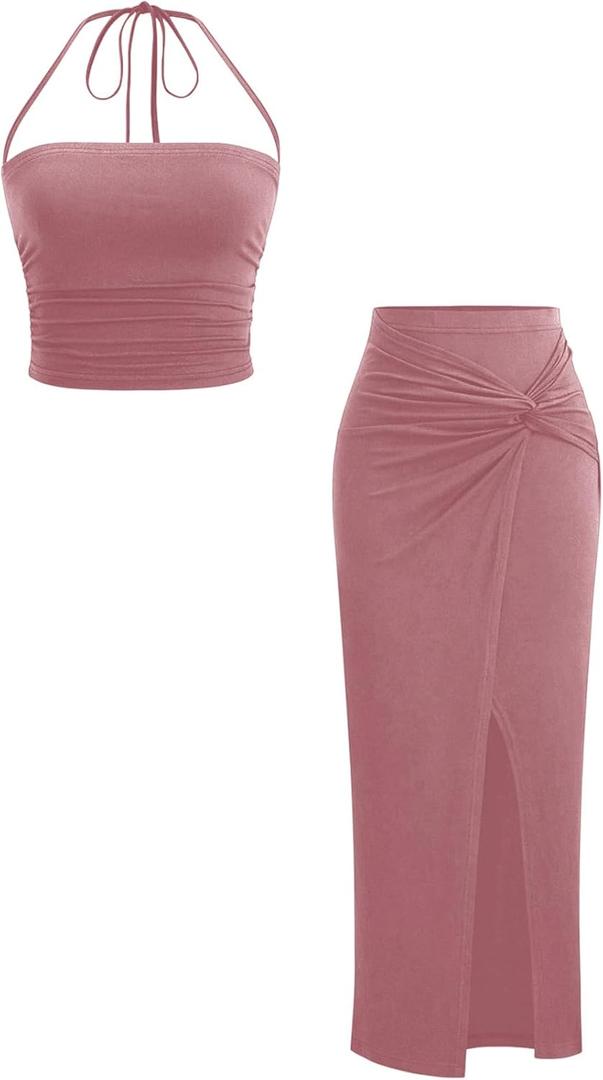 Verdusa Women's 2 Piece Vacation Outfits Ruched Crop Halter Top with Asymmetrical Slit Long Skirt Going Out Sets, X-Small