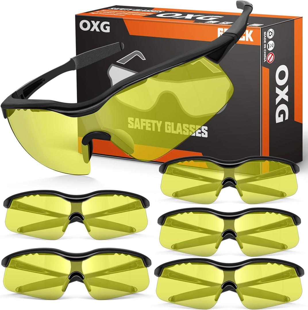 OXG 6 Pack Tinted Safety Glasses for Men Women, Safety Goggles ANSI Z87.1 Protective Eyewear Scratch Resistant Eye Protection (Yellow)