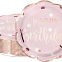 LeZakaa 25Pcs Birthday Paper Plates - Happy Birthday Lettering in Pink Rose Gold Foil Design Disposable Party Plates Decorative Tableware Supplies Table Decor - 9 Inch