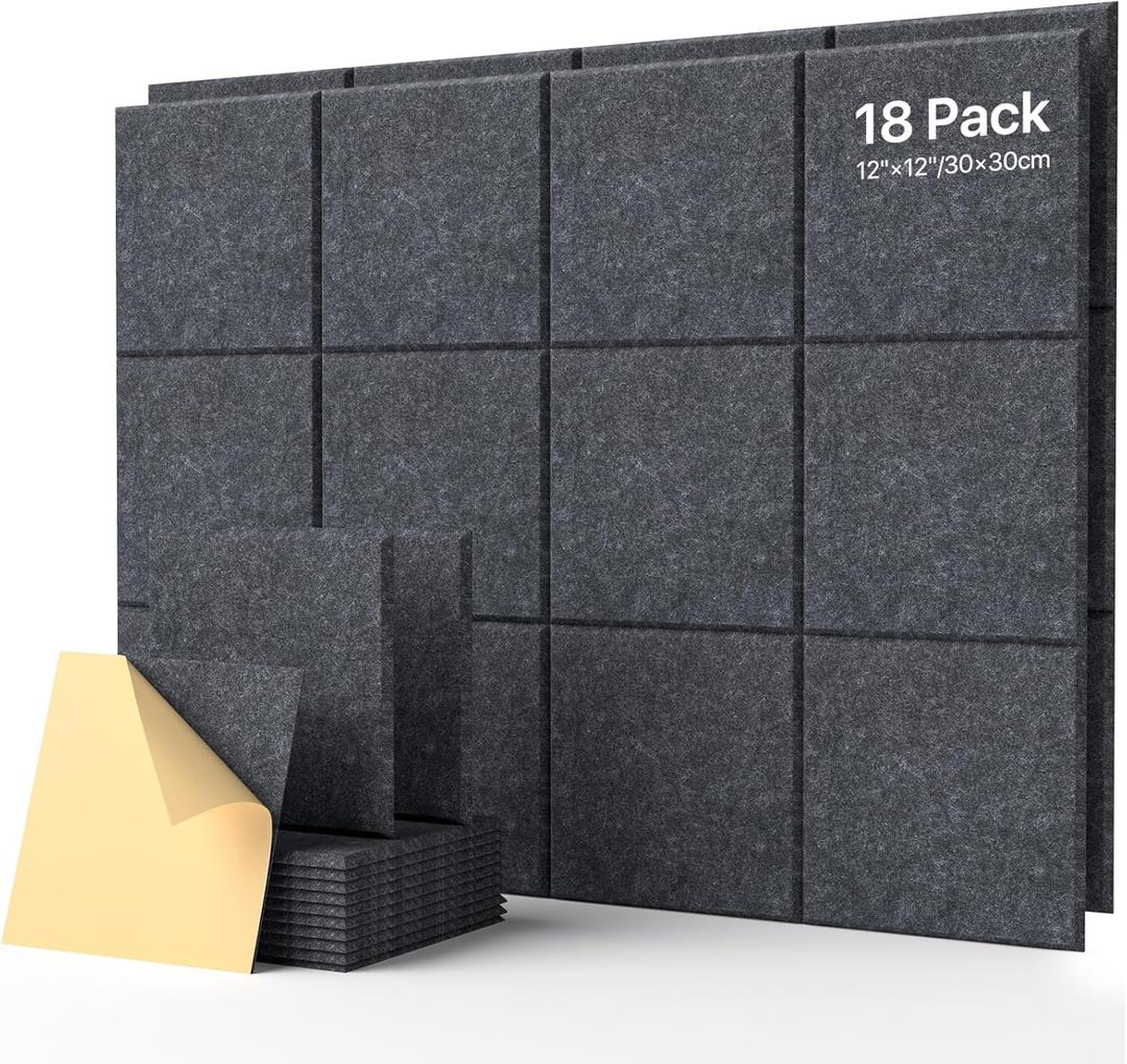 18 Pack Soundproof Wall Panels Self-Adhesive, Square Sound Proof Foam Panels for Wall, High Density Acoustic Panels, Acoustic Panels for Home Office, Recording Studio 12" X 12" X 0.4" Dark Gray