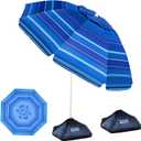 OutdoorMaster Beach Umbrellas for Sand with Sandbag & Anchor, 6.5ft Adjustable Umbrella for Beach Heavy Duty Wind, Portable UPF50+ Sunshade with Carry Bag for Patio, Dark Blue Striped