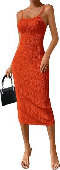 PRETTYGARDEN Summer Dresses for Women Sleeveless Bodycon Dress Textured Back Slit Sexy Cocktail Party Beach Vacation Clothes, S, Orange