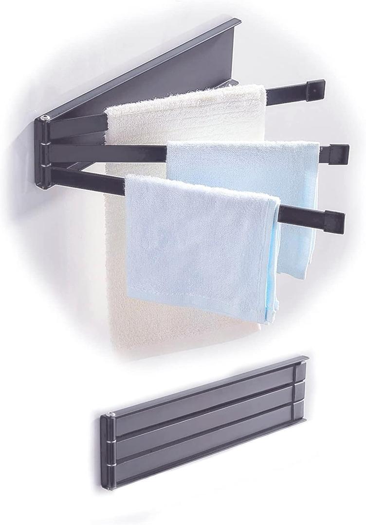 3 Swing Arms Towel Holder Wall Mount Towel Rack Dish Rag Dishcloths Washcloth Storage Organizer Hanger Swivel Hand Towel Bar for Sink Door Cabinet in Kitchen Bathroom (Dusty Grey)