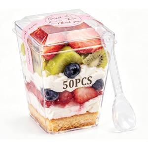 WERTIOO 50 Pack 5 oz Clear Plastic Dessert Cups with Lids and Spoons - Disposable Parfait Bowls for Yogurt, Pudding,or Wedding Favors,Birthday Parties,Valentine's Day(50 Cups,50 Lids,50 Spoons)