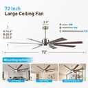 Minislak 72Inch Large Brushed Nickel Ceiling Fans with Light and Remote Control,8 Wooden Blades,6-Speeed,3CCT,Quiet Reversible DC Motor,Indoor Outdoor Ceiling Fan for Patio/Living Room/Garden