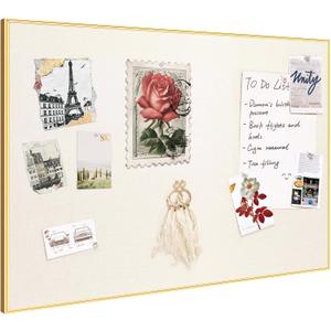 Bulletin Board 16 x 12 inches, Oatmeal White Pin Board, Golden Aluminum Framed Fabric Cork Board with 10 Push Pins