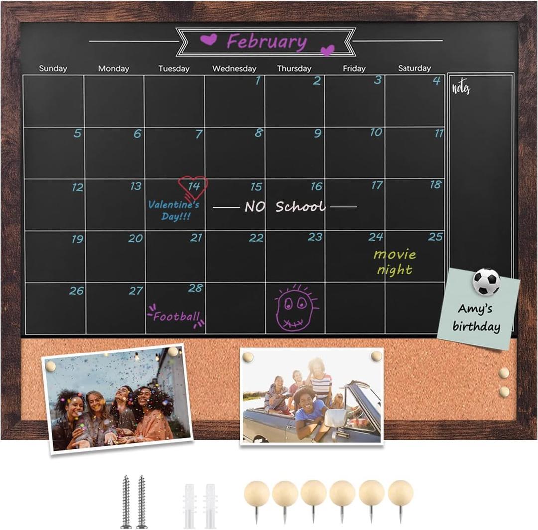 TORASO Magnetic Chalkboard Calendar Corkboard, 18" x 22" Combination Chalk Board Bulletin Board, Walnut Brown Framed Blackboard Calendar Cork Combo Board(ZHHB-BN-4555)