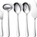 Patelai Serving Utensils Set Include Large Spoons Slotted Spoons Forks Tongs Soup Ladle and Pie Server Buffet Catering for Dishwasher Safe(Silver,7 Pieces)