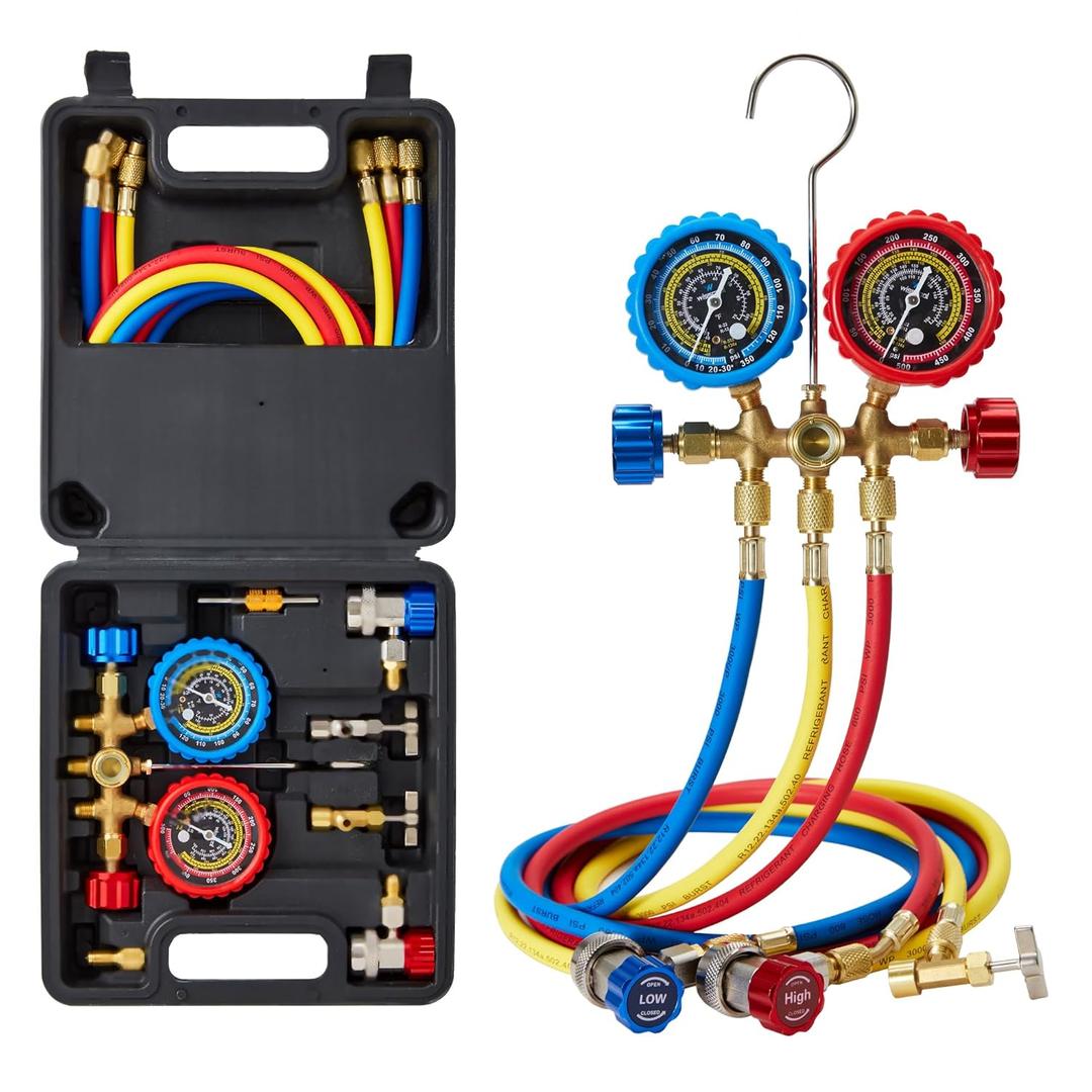 WISSCOOL AC Gauges HVAC Manifold Gauge Set for R134 R22 R12 R502, with 5ft Hoses Couplers Adapters Puncturing Can Tap Tools for R134a Refrigerants Charging and Evacuation