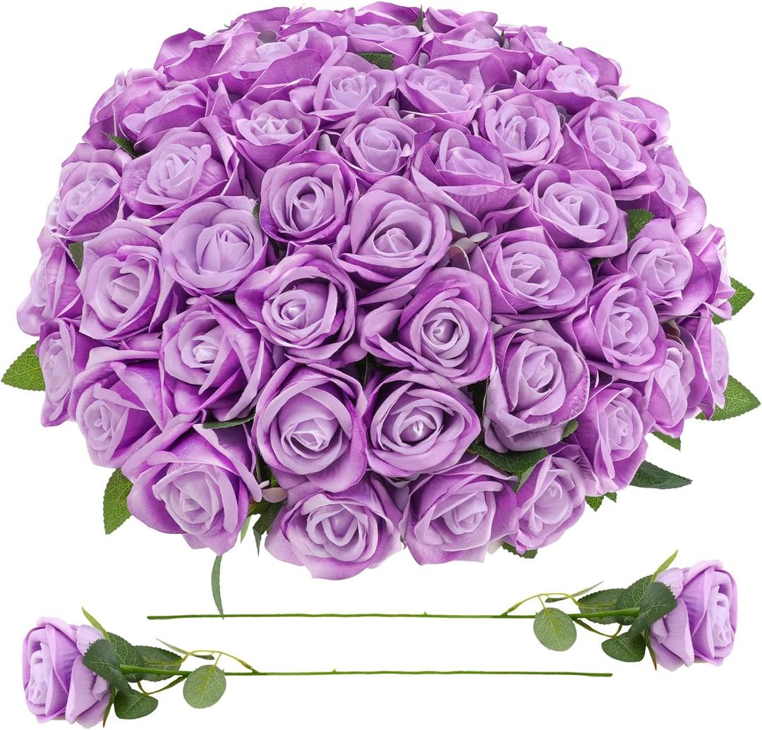 90 Pcs Purple Velvet Rose Artificial Flowers with Long Stems, Fake Silk Roses Real Touch Fake Roses Florals for Birthday Wedding Bouquet Party Arrangement Decorations