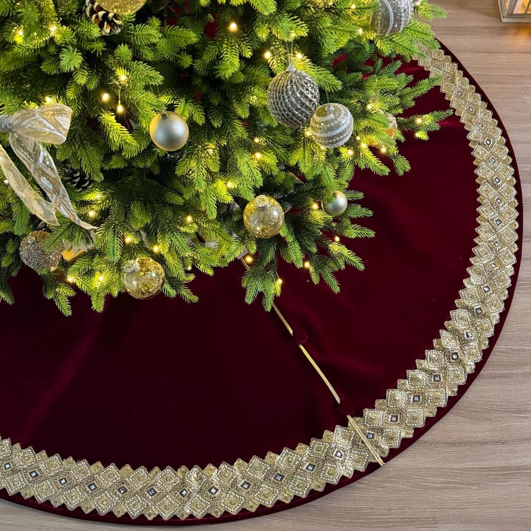 84-Inch Venetian Gilded Velvet Christmas Tree Skirt with Gold Embellished Border, Foam-Padded, Button Closure, Burgundy